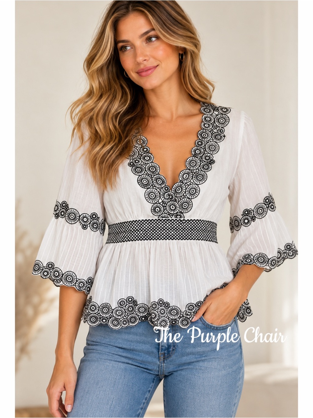 SAKS FIFTH AVE White/Black Embroidered Bell Sleeve Smocked Waist Top 6